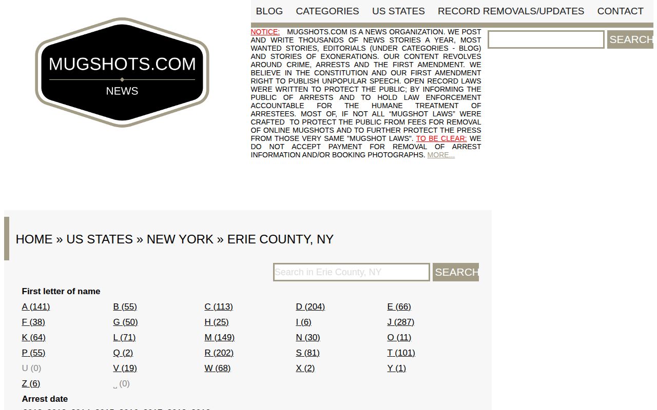 Mugshots.com Erie County page shown as an unofficial historical record source