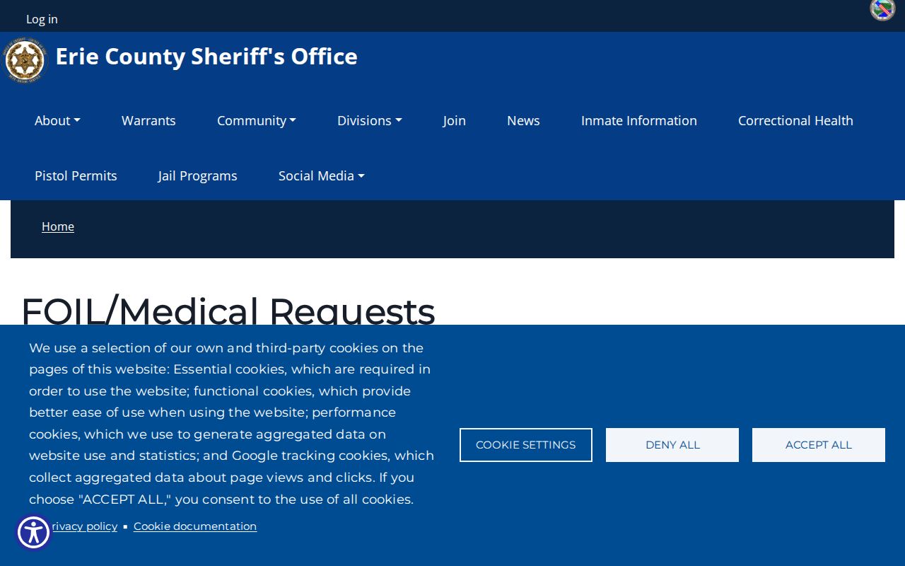 Erie County booking record FOIL request page